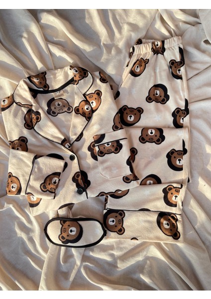 Krem Tedy Desenli Örme Pazen Pijama Takımı