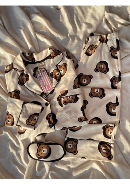 Krem Tedy Desenli Örme Pazen Pijama Takımı