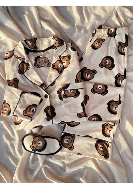 Krem Tedy Desenli Örme Pazen Pijama Takımı