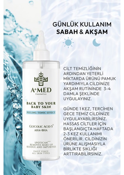 A+ MED Cosmetics Canlandırıcı Ve Gözenek Sıkılaştırıcı AHA+BHA+%5 Glikolik Asit Tonik 200 Ml