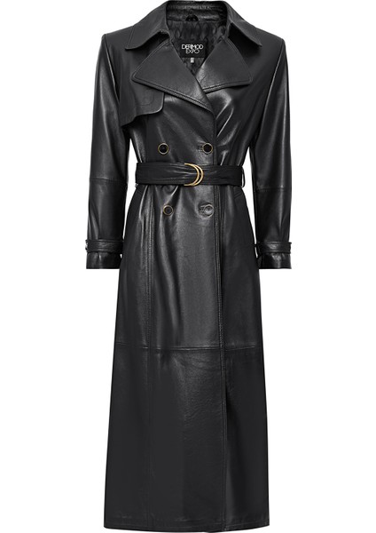 Jenny Kadın Siyah Kruvaze Yaka Deri Pardesü 23WGE51681M