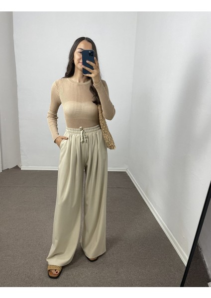Bej Geniş Paça Pileli Pantolon L