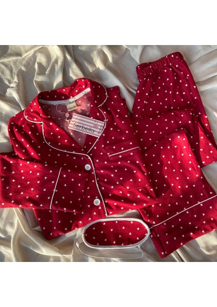 Kırmızı Kalp Desenli Örme Pazen Pijama Takımı