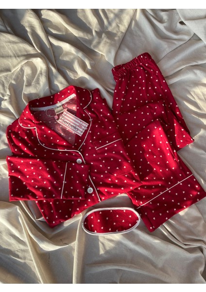 Kırmızı Kalp Desenli Örme Pazen Pijama Takımı fiyatları