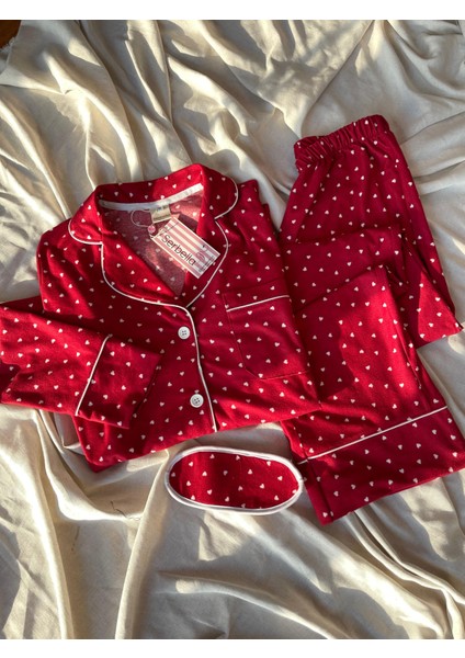 Kırmızı Kalp Desenli Örme Pazen Pijama Takımı modelleri