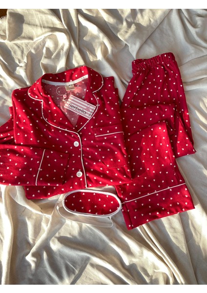 Kırmızı Kalp Desenli Örme Pazen Pijama Takımı fırsatları