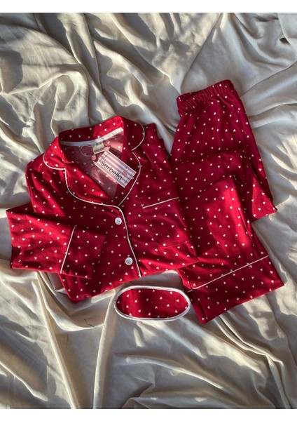 Kırmızı Kalp Desenli Örme Pazen Pijama Takımı