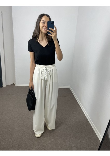 Ekru Geniş Paça Pileli Pantolon M