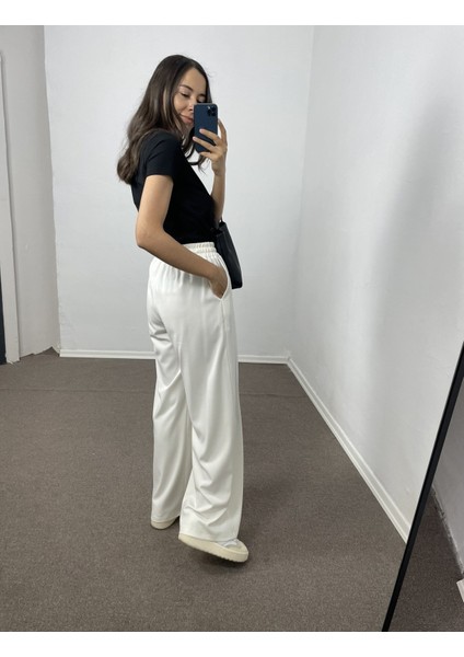 Ekru Geniş Paça Pileli Pantolon M
