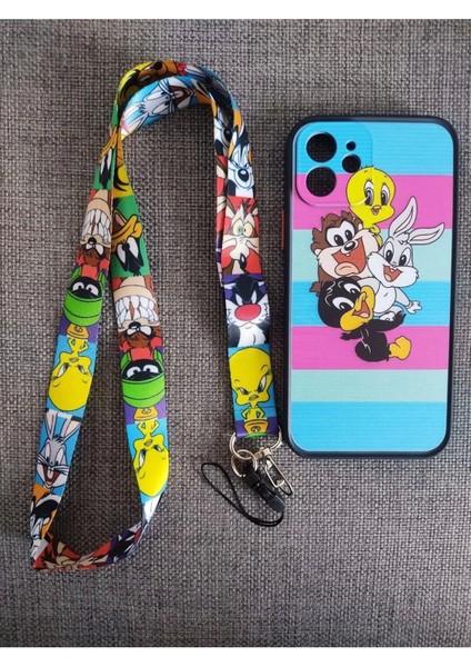Apple iPhone 12 Uyumlu Kamera Korumalı Looney Tunes Tasarım Tuşları Renkli Telefon Boyun Askılı Set Kılıf