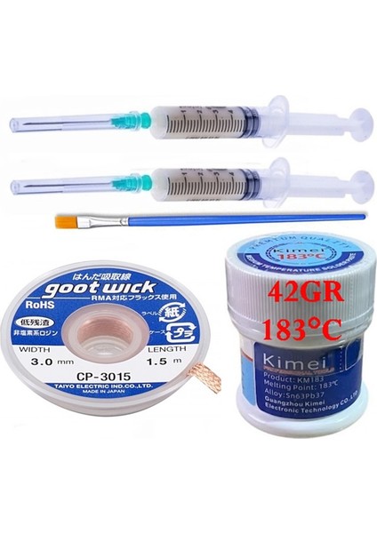 Sıvı Lehim Solder Paste 42 gr Kimei 183C Uyumlu Lehim Emme Temizleme Teli 3,0 mm 5/1 Arada