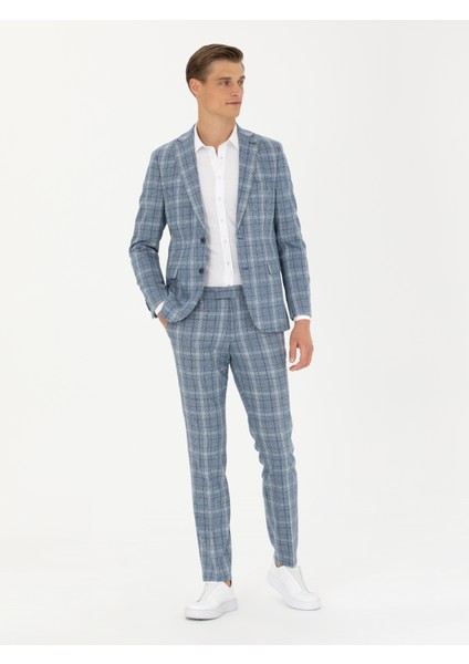 Erkek Mavi Slim Fit Yün Karışımlı Kareli Takım Elbise 50276627-VR036