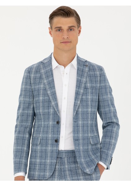Erkek Mavi Slim Fit Yün Karışımlı Kareli Takım Elbise 50276627-VR036