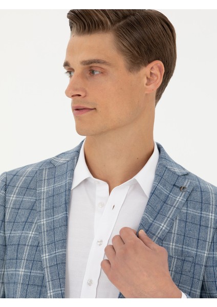 Erkek Mavi Slim Fit Yün Karışımlı Kareli Takım Elbise 50276627-VR036