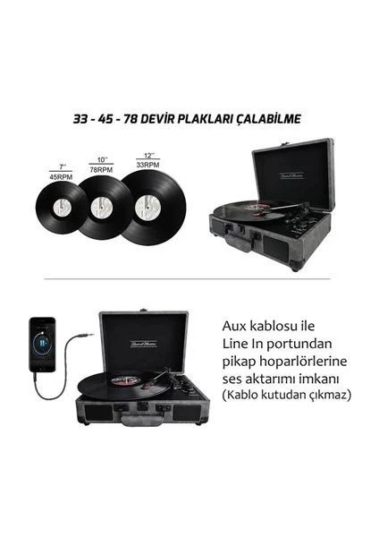 Record Master *ücretsiz Kargo Record Master ST14012 Gri-Siyah Retro Pikap Bluetooth ve Şarj Özellikli Özel Dış Kaplama Retro Pikap 33, 45, 78 Devir