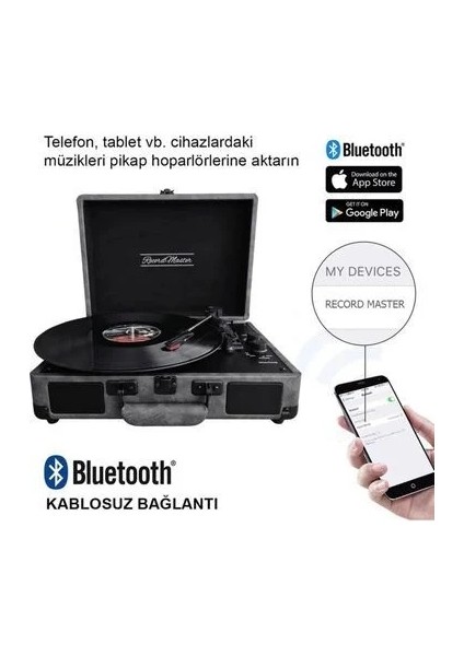 Record Master *ücretsiz Kargo Record Master ST14012 Gri-Siyah Retro Pikap Bluetooth ve Şarj Özellikli Özel Dış Kaplama Retro Pikap 33, 45, 78 Devir