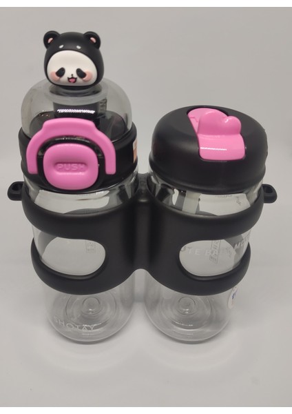 Çift Gözlü 900 ml Tritan Matara Siyah Pembe