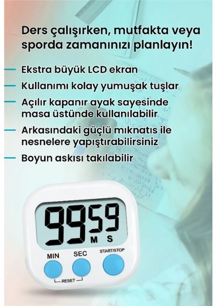 Alarmlı Dijital Zamanlayıcı Kronometre, Geri Sayım Özellikli, Mıknatıslı, 100 Dk, 7.3 x 6.5 Cm. fiyatları