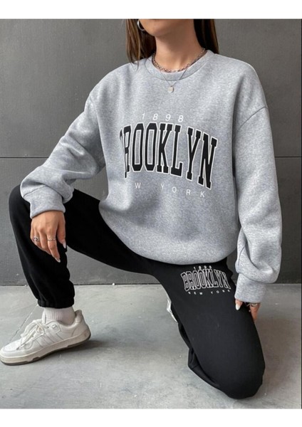 Kadın Brooklyn New York Baskılı Oversize Bisiklet Yaka Eşofman Takımı