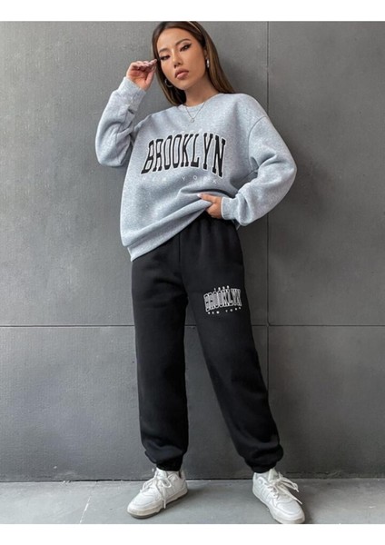 Kadın Brooklyn New York Baskılı Oversize Bisiklet Yaka Eşofman Takımı