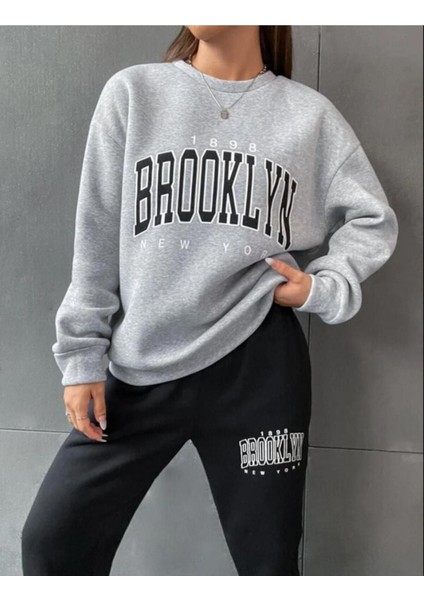 Kadın Brooklyn New York Baskılı Oversize Bisiklet Yaka Eşofman Takımı