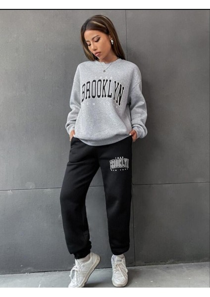 Kadın Brooklyn New York Baskılı Oversize Bisiklet Yaka Eşofman Takımı