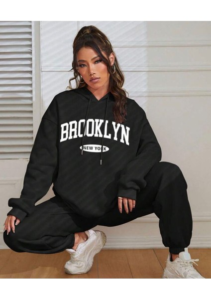 Kadın Brooklyn Newyork Baskılı Oversize Polar Eşofman Takımı