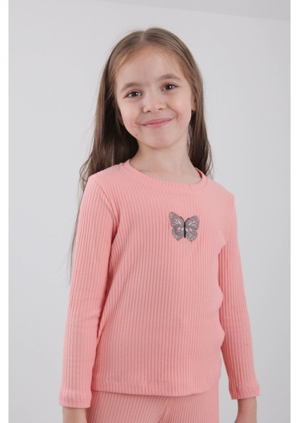 Pamuklu Kelebek Nakışlı Kız Çocuk Sweatshirt Somon fırsatları