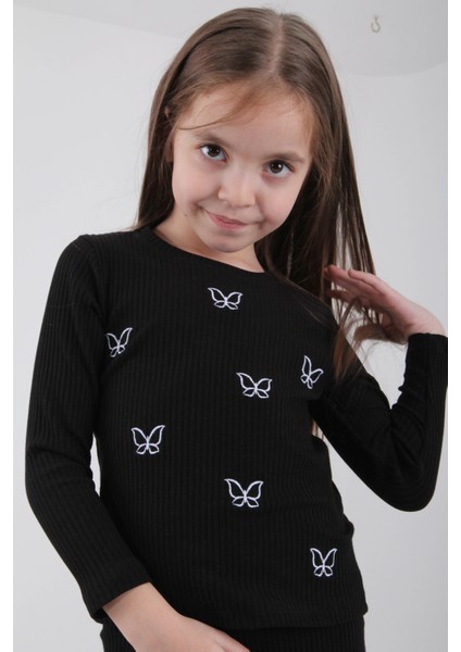 Pamuklu Minik Kelebek Nakışlı Kız Çocuk Sweatshirt Siyah fırsatları
