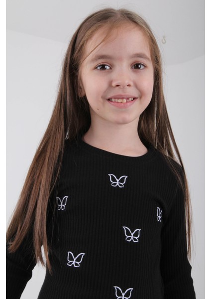Pamuklu Minik Kelebek Nakışlı Kız Çocuk Sweatshirt Siyah indirimleri