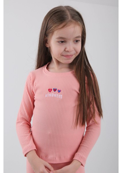 Pamuklu Kindness ve Kalp Nakışlı Kız Çocuk Sweatshirt Somon fiyatları
