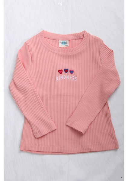 Pamuklu Kindness ve Kalp Nakışlı Kız Çocuk Sweatshirt Somon modelleri