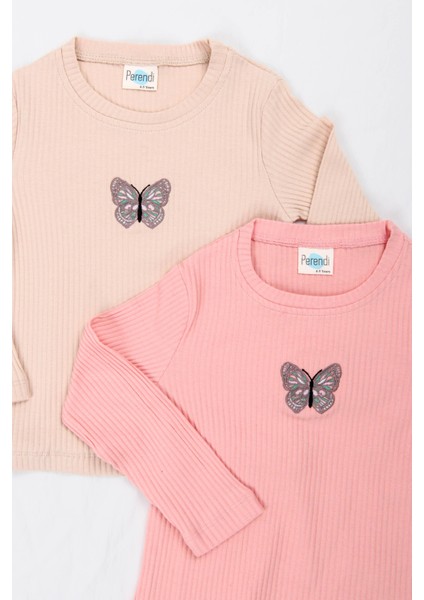 Pamuklu Kelebek Nakışlı Kız Çocuk Sweatshirt Somon indirimleri