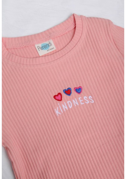 Pamuklu Kindness ve Kalp Nakışlı Kız Çocuk Sweatshirt Somon