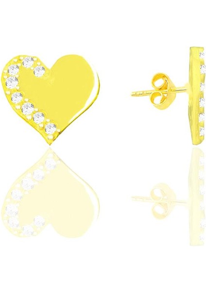 Gümüş Altın Yaldızlı Zirkon Taşlı Kalp Küpe SGTL11935GOLD