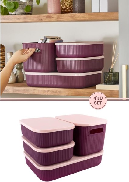 Çok Amaçlı Dolap Içi Düzenleyici Kapaklı Saklama Kutusu Takı, Makyaj, Banyo ve Mutfak Düzenleyici 4'lü Set Mor (3,2lt 6,2lt 6,8lt)