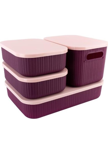 Çok Amaçlı Dolap Içi Düzenleyici Kapaklı Saklama Kutusu Takı, Makyaj, Banyo ve Mutfak Düzenleyici 4'lü Set Mor (3,2lt 6,2lt 6,8lt) modelleri