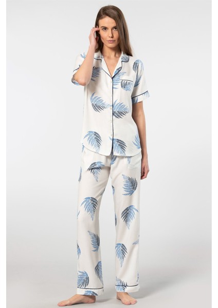 Kadın 3604/EKRU Desenli Kısa Kol Dokuma Pijama Takımı