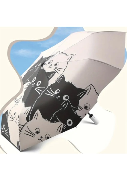Basit Karikatür Kedi Baskılı Siyah Beyaz Uv Koruma Şemsiye Otomatik 1 Adet indirimleri