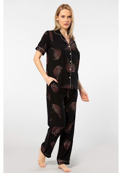 Kadın Desenli Kısa Kol Dokuma Pijama Takımı 3604/SIYAH