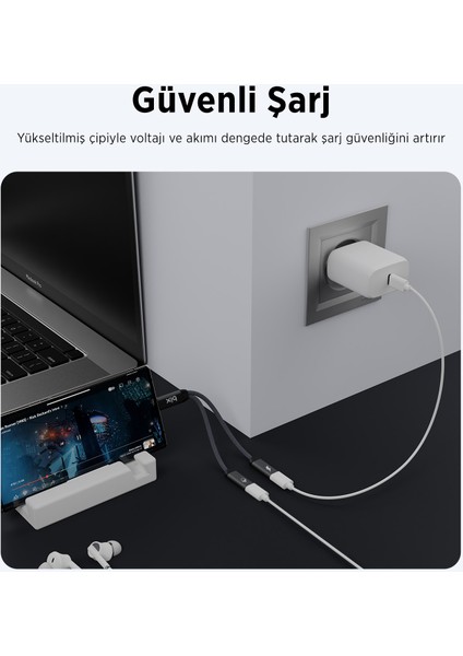 Adp-13 Type-C To Çift Type-C Kulaklık ve 15W Hızlı Şarj Dönüştürücü Samsung Xiaomi iPhone Uyumlu