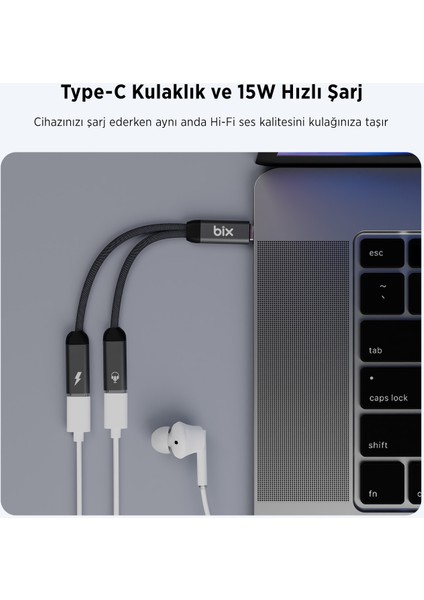 Adp-13 Type-C To Çift Type-C Kulaklık ve 15W Hızlı Şarj Dönüştürücü Samsung Xiaomi iPhone Uyumlu