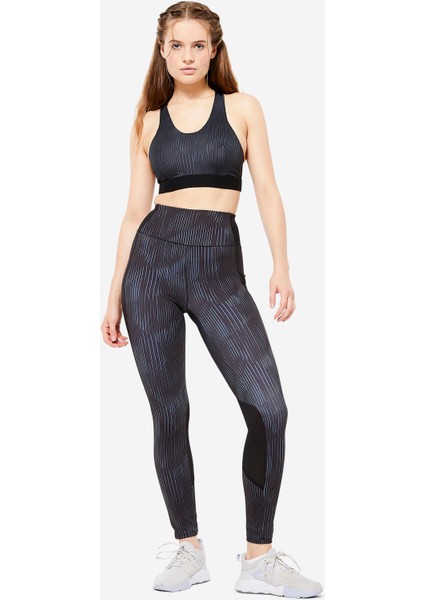 Domyos Kadın Siyah/Gri Baskılı Cepli Spor Taytı - Fitness
