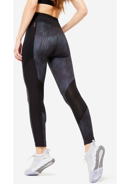 Domyos Kadın Siyah/Gri Baskılı Cepli Spor Taytı - Fitness