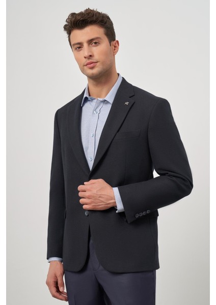 Koyu Lacivert Baskılı Mono Yaka 4 Drop Comfort Fit Classic Ceket 1002245157