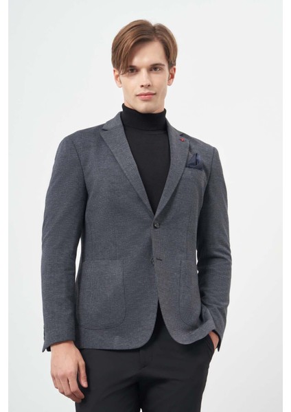 Koyu Lacivert Örme Mono Yaka 6 Drop Slim Fit Ceket 1002245152