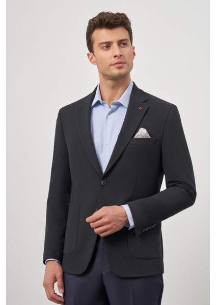 Koyu Lacivert Gofreli Mono Yaka 6 Drop Slim Fit Classic Ceket 1002245158