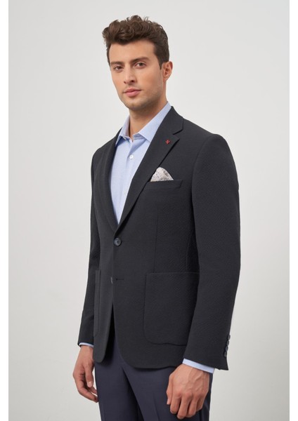Koyu Lacivert Gofreli Mono Yaka 6 Drop Slim Fit Classic Ceket 1002245158