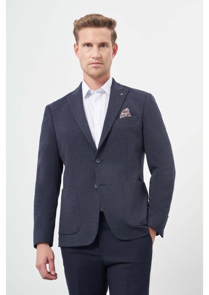 Lacivert Örme Kılıç Yaka 6 Drop Slim Fit Ceket 1002245156
