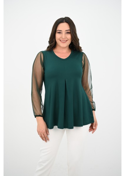 Kadın Büyük Beden Pileli V Yaka Tül Detaylı Bluz 1857-25